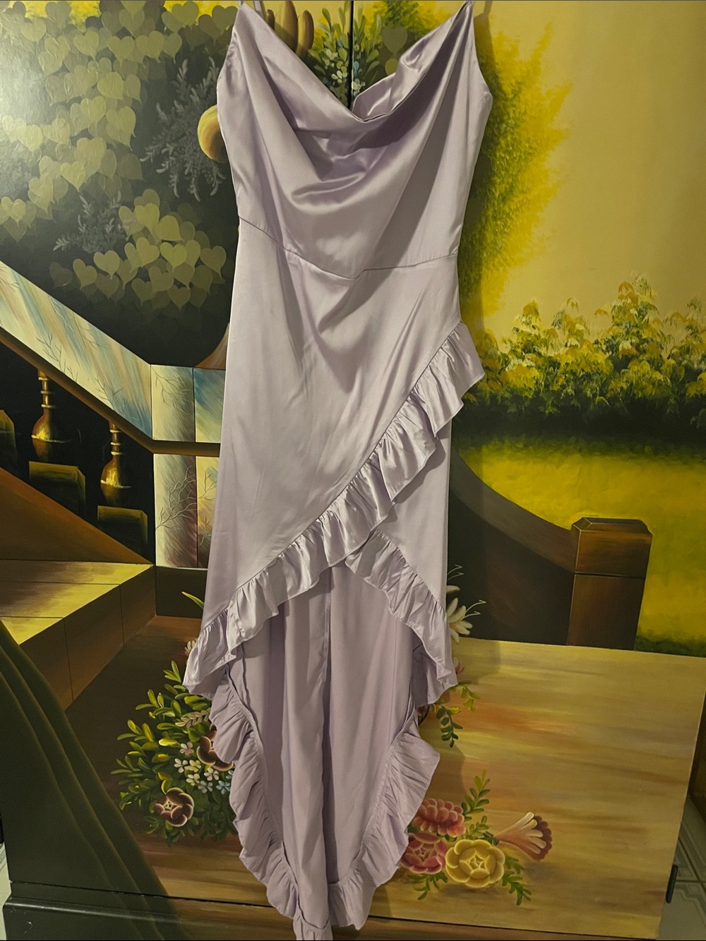 Fashion Nova Lavender Satin High-Low Ruffle Dress